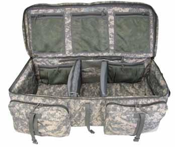 Capacity: 10,800 cubic inches Large Wheeled Padded Load-Out Bag LBT-2467B* Wheels at base of bag to facilitate transport Expandable pocket along length of bag and two smaller pockets on opposite side