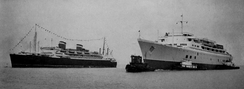 To help celebrate the newest vessel in their fleet, Grace Line arranged for the older SANTA ROSA (on the left in the below photo) to make a slight detour in a voyage from South America to New York;