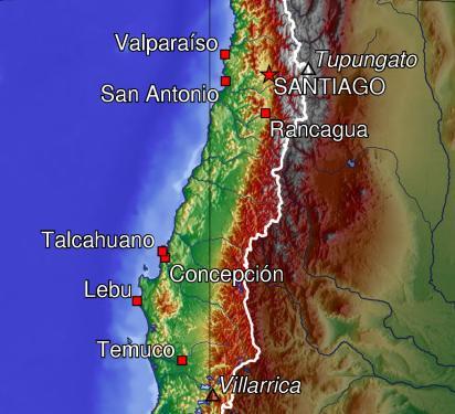 Chile Coastal mountain range: rugged deep valleys, Concepcion is