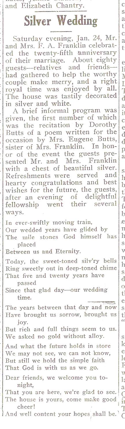 Evansville, Wisconsin January 29, 1914, Evansville Review, p. 1, col. 2, Mr. and Mrs.