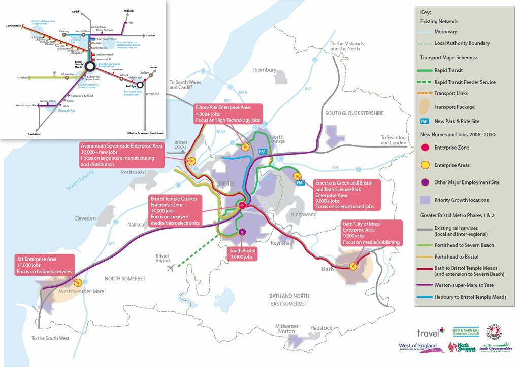 19. Enterprise Zone and Areas 19.1 The Temple Quarter Enterprise Zone and the five Enterprise Areas are shown in Figure 2 along with the five major transport schemes and Greater Bristol Metro.