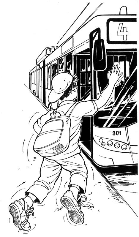 door before it closes again and his school bag almost gets caught. His friend Clara is already waiting for him on the bus. Peter, you just made it!