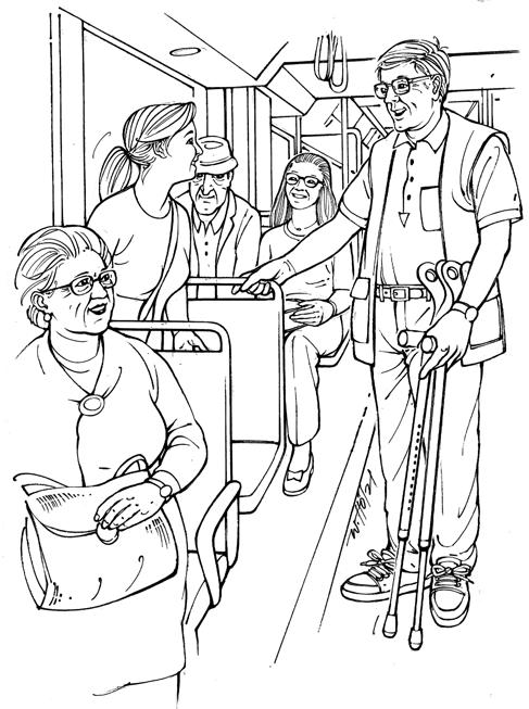 Question 4: front of them. Older people can be a little bit unsteady when the bus has wait for the bus? Where do passengers to stop. Young, healthy people should get up if someone needs these seats.
