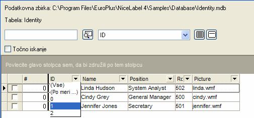 Poizvedbe in filtriranje zapisov podatkovne zbirke Program NiceLabel omogoča tvorjenje poizvedbe nad tabelo podatkovne zbirke na način, da so izvlečeni le zapisi, ki ustrezajo določenim pogojem.