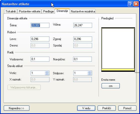 Krmiljenje rezalnika Opomba: Designer Express izdaja omogoča krmiljenje rezalnika vendar, programski paket ne vsebuje podstrani Nastavitve etikete.