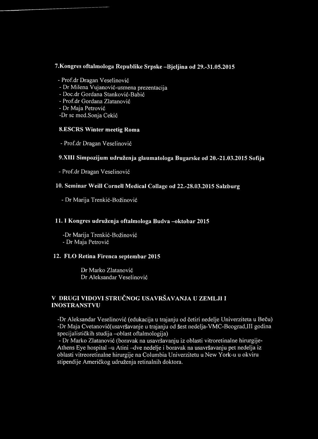 2015 Sofija - Profdr Dragan Veselinović 10. Seminar Weill Cornell Medical CoIIagc od 22.-28.03.2015 Salzburg - Dr Marija Trenkić-Božinović 11.