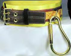 The 3" wide buckle strap, sewn with high-tenacity nylon thread and riveted with copper rivets to the 5" wide body strap, is fitted with a double tongue buckle, which enables fast engagement and
