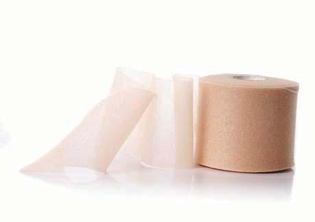 Non adhesive, yet sticks to itself. Non hand tearable, tan coloured adhesive stretch tape.  VEAB25-25mm x 4.