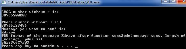 Promjenljivi dijelovi ove funkcije su text, length i pdu_for_sms. Text i length se unose od strane korisnika, dok se promjenljiva pdu_for_sms dobija i postavlja na odgovarajuće mjesto u PDU formatu.