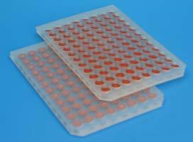 Glass inserts provide an inert solvent resistant environment for samples. Assembled plate has excellent thermal stability.