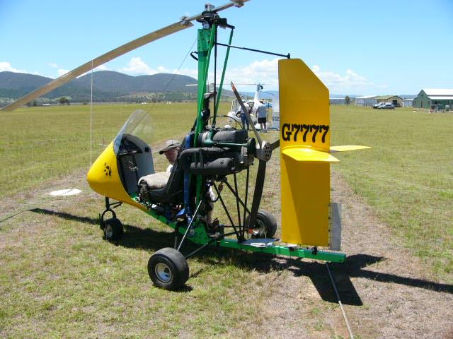 This one is a two seater with a tall tail and a prerotator to spin up the main rotor to help the take off run.