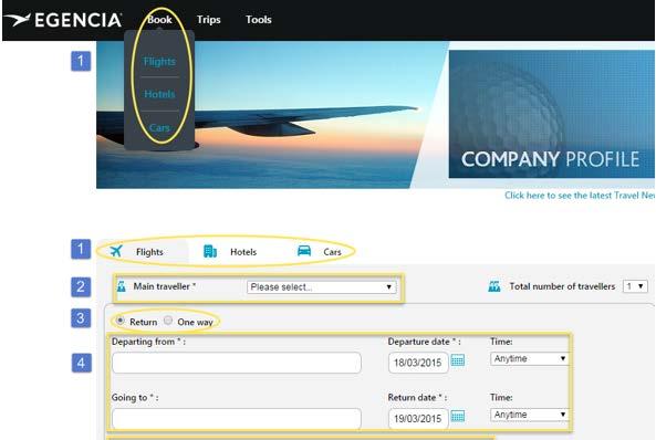 Find A Flight Logging in will take you straight to the booking screen: 1. Select from Flights, Hotels or Cars 2.
