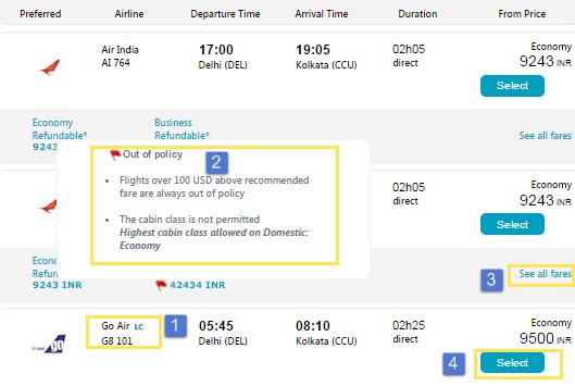 Reading Search Results 1. Icons indicate that a special fare is available for the flight (eg. Company Fare, LC icon for Low Cost Carrier fares, Egencia icon for Egencia negotiated fares) 2.