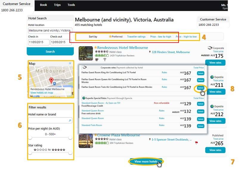 4. Search results can be sorted by Price, TripAdvisor rating or distance 5. Click on the expandable map to locate on a map all hotels listed on the page 6.