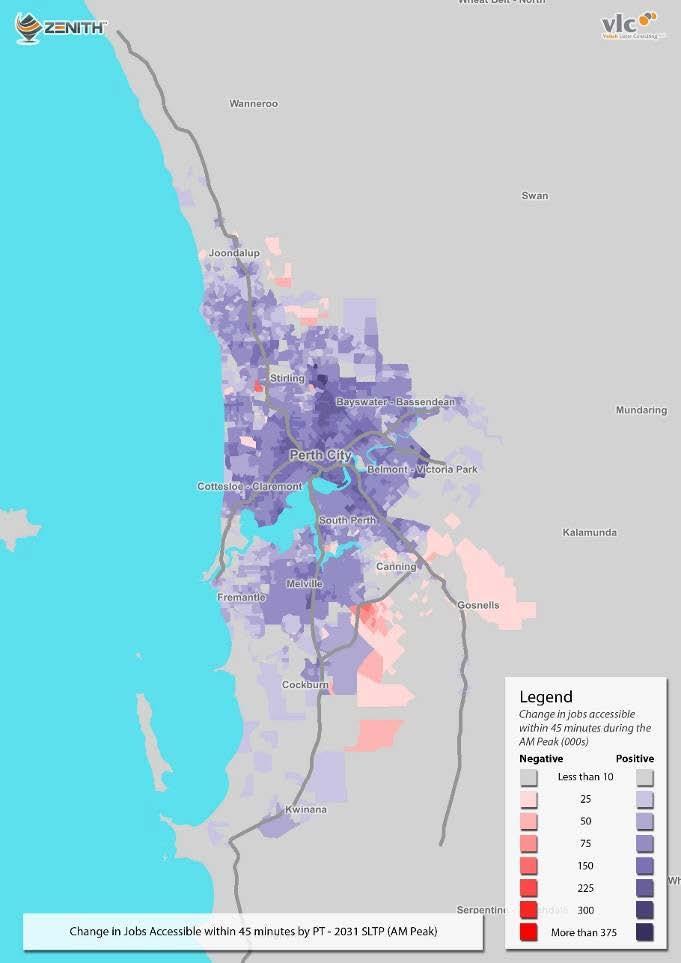 CAR ACCESSIBILITY PUBLIC TRANSPORT ACCESSIBILITY Figure 27: Perth Change in job accessibility between 2011 and 2031 (AM peak) Car accessibility in Perth clearly shows the impact of the Swan River on