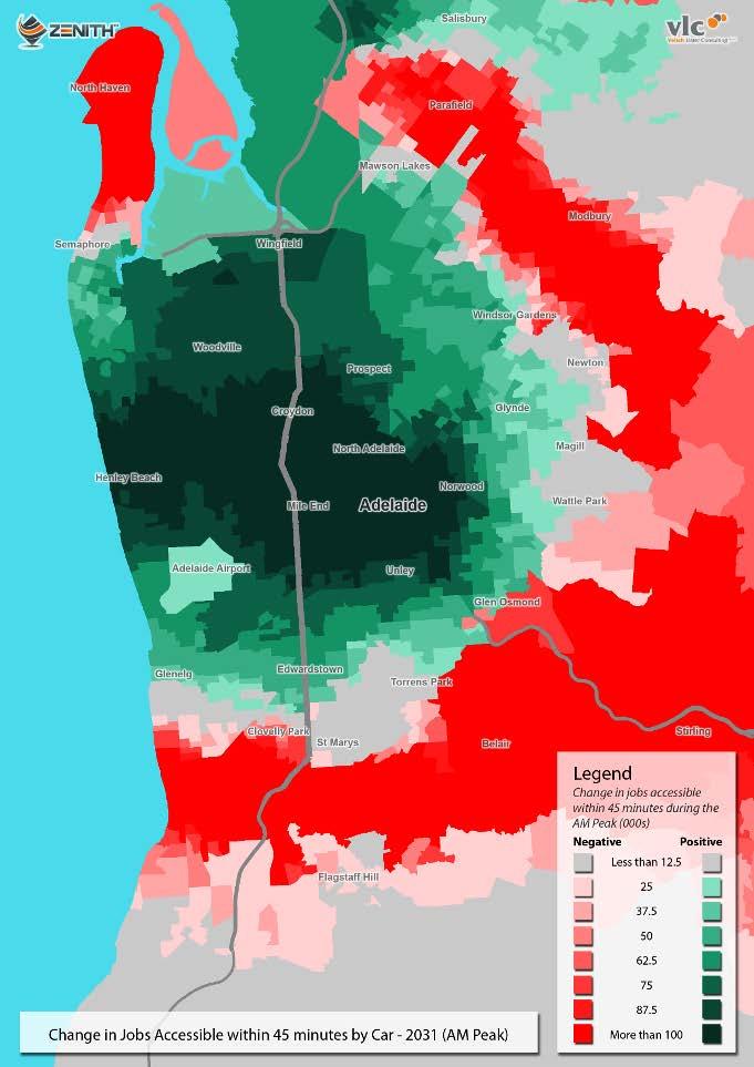 CAR ACCESSIBILITY PUBLIC TRANSPORT ACCESSIBILITY Figure 28: Adelaide Change in job accessibility between 2011 and 2031 (AM peak) In Adelaide residents in close proximity to the CBD experience a