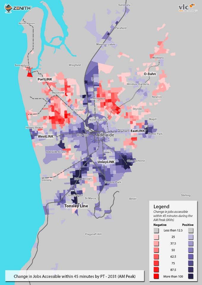Interestingly, large sections of the Northern Adelaide region experience a substantial improvement in job accessibility by car. This is likely due to two complementary factors.