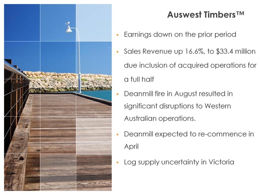 Auswest Timebers earnings was down on the prior period, despite an increase in revenue, up 16.6% to $33.4 million.