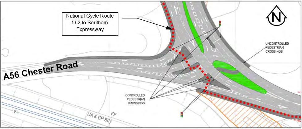 M56 New Junction 11a - Report on the public consultation 5.6.4 Figure 5-6: Proposed Chester Road west signalised junction The signalised junction shown in Figure 5-6 was tested and was shown to work