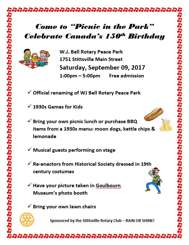 Picnic in the (W. J. Bell Rotary Peace) Park I would like to invite all residents to a joint endeavor from my office with the Stittsville Rotary Club.