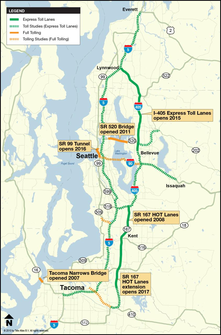 Washington State s tolling network Current toll facilities: Tacoma Narrows Bridge SR 167 HOT Lanes Pilot Project SR 520 Floating Bridge Authorized toll