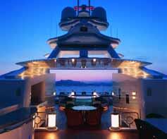 After dusk, the carefully positioned lighting, both on deck and underwater, creates a spectacular sight.