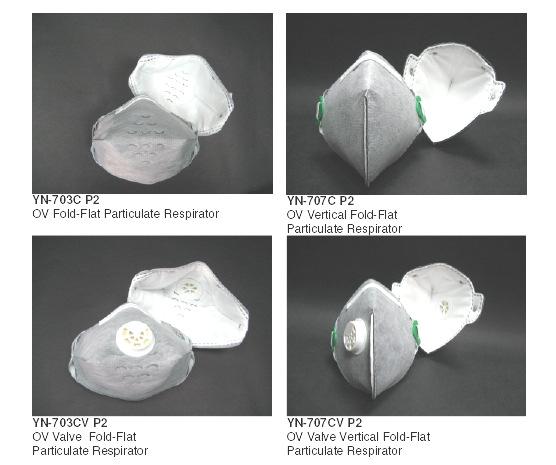 Respirators N95 EN149:2001 FFP2 OV series French loading test passed Protects against non-toxic and low to average toxicity solid and liquid aerosols in concentrations up to 12 x MAC/OEL/TLV or 10 x