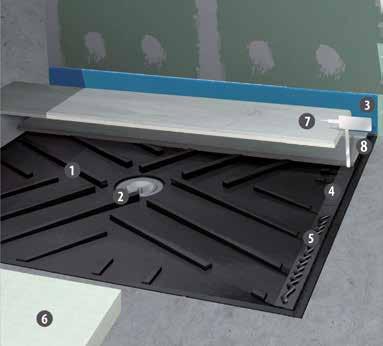 shower-deck TRAY COMPONENTS 1. Shower tray Shower deck. Thickness: 30 mm 2. Shower drain. Height 60 mm. Output Ø 40mm and 0.5 l/s 3. lamiband 200 4.
