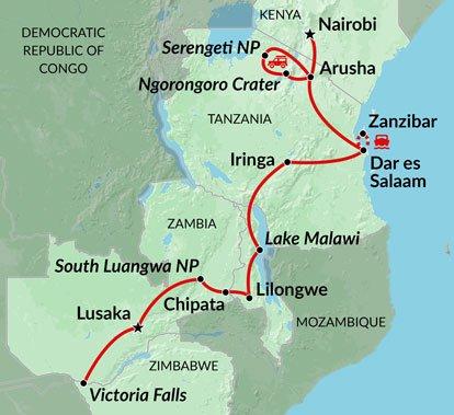 Victoria Falls, South Luangwa National Park, Lake Malawi, Diving & Snorkelling, Zanzibar, Serengeti National Park (optional), Ngorongoro Crater (optional) Places Visited: Victoria Falls, Lusaka,