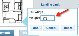 Cargo may be entered in a similar manner; either by hovering over the cargo area on the graphic or expanding the Cargo