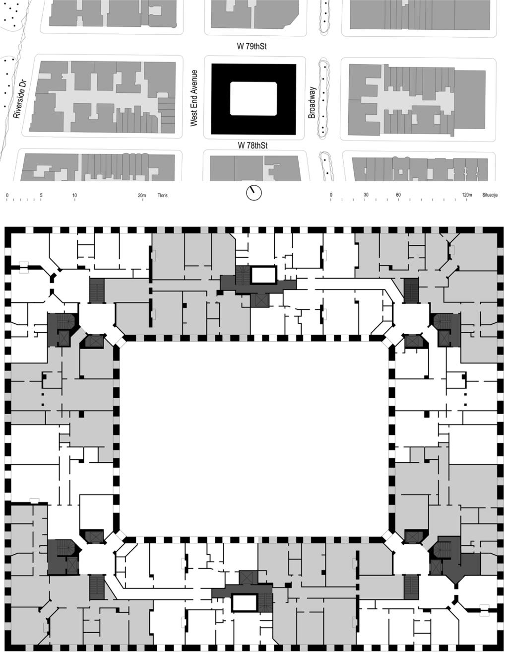 Za čim večjo izkoriščenost zazidalnega območja je Hardenbergh formiral stanovanjski objekt okoli osrednjega atrija (Slika 03, Slika 04), ki je poleg zasebnega vstopnega dvorišča zagotavljal