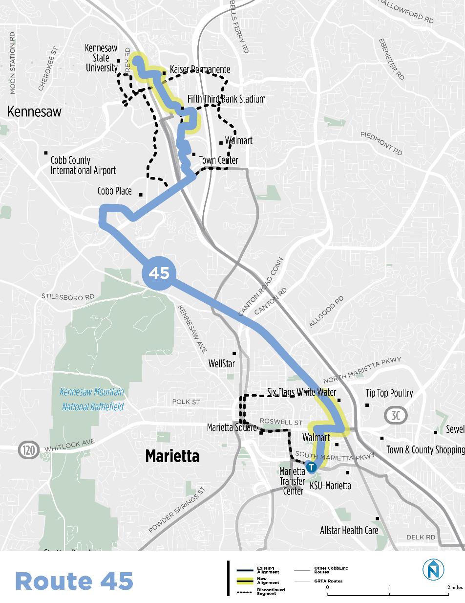 Route 45 Route 45 s alignment is modified to provide more direct service from the Marietta Transfer Center to serve Cobb Parkway, Barrett Crossing, Town Center, and KSU.