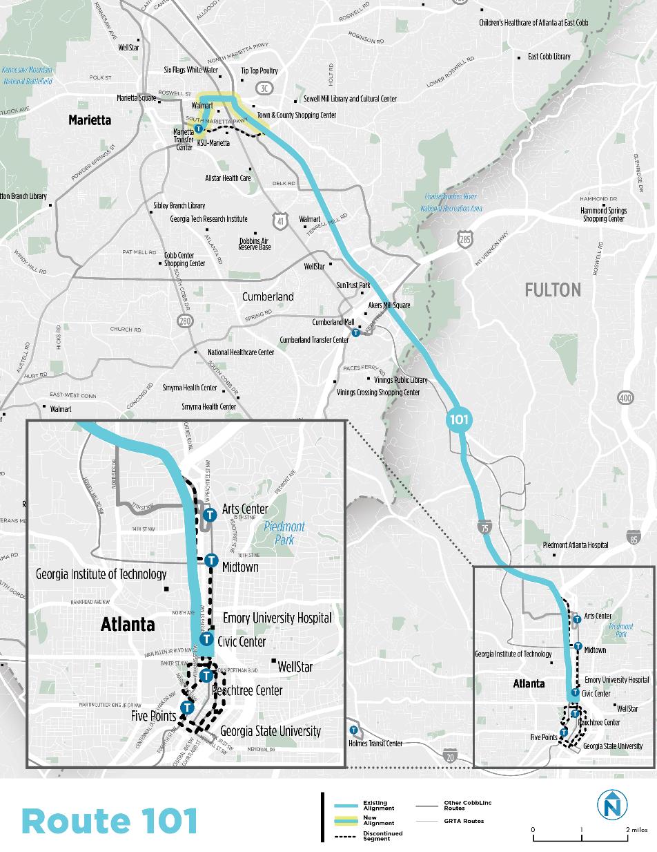 Route 101 Route 101 will no longer circulate through Downtown Atlanta and will serve Civic Center Station only. The alignment is modified in Marietta to gain access to the managed lanes on I-75.