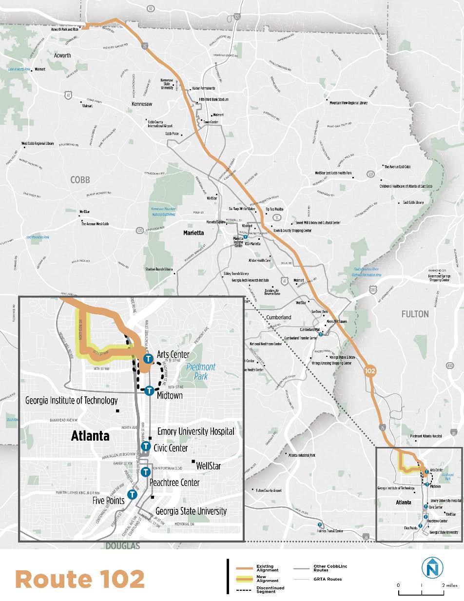 Route 102 Route 102 will no longer circulate through Midtown Atlanta and will serve Arts Center Station only. An extra afternoon trip is added using resources saved by this change.