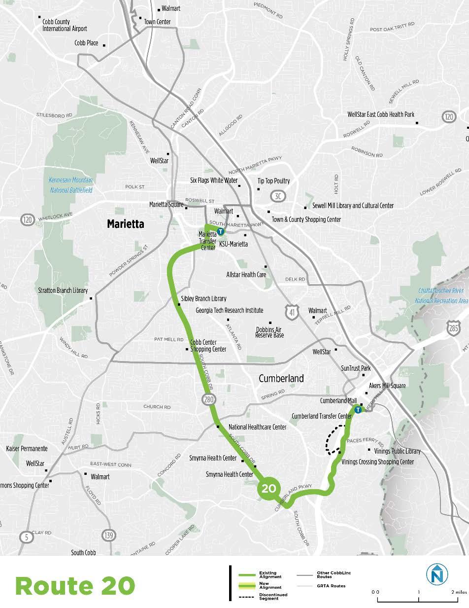 Route 20 Route 20 is modified to operate a bi-directional alignment during all time periods and to no longer serve Spring Hill Parkway.