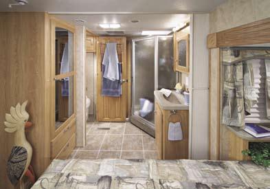 Model 355 CK 1 09 1 Our large 60 x 80 inch bed, oversized lavatory sink, tub/ shower surround with glass door, and