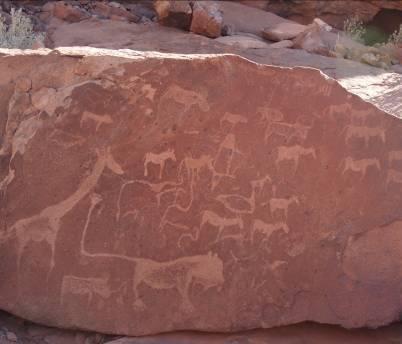 bushman paintings and engravings in Africa, estimated to be about 5 000 years old.