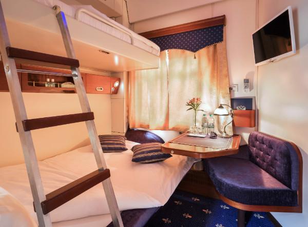 Trans-Siberian Express onboard The Golden Eagle Fact Imperial Suites Sleeps 2 in King Size bed Private en-suite bathroom with separate power shower cubicle and