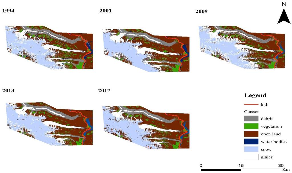 Figure 3: Spatiotemporal change of Glacier (1994-217) 3. RESULTS AND DISCUSSIONS 3.1 Classification and Glacier Cover Change Maps This study focuses on the spatiotemporal change of glaciers.
