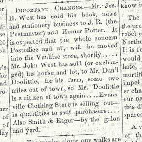 OBITUARY 1860 Census: Daniel Doolittle, Carpenter, age 42; Saphrona, age 40; Mary Jo, age 20; August, age 17; William H., age 12; Review, p. 1, col.