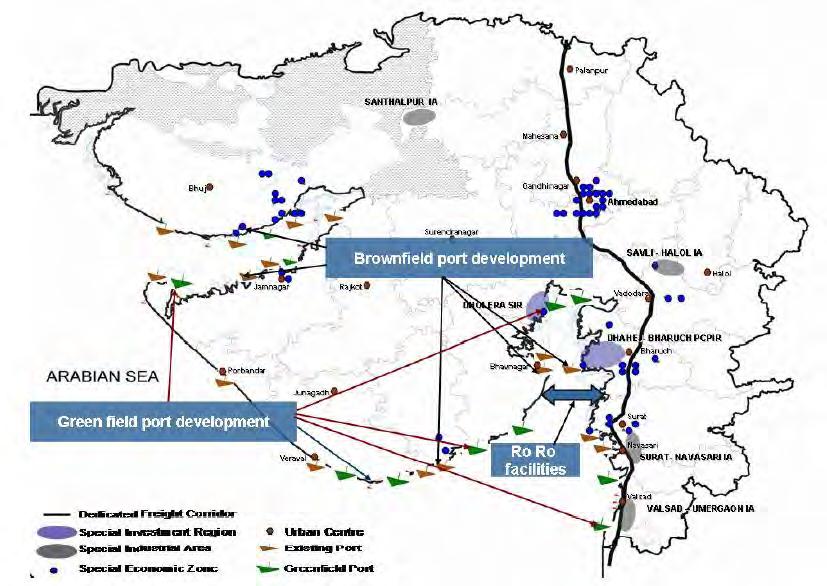 PORTS IN GUJARAT LOCATIONS OF GREENFIELD AND BROWNFIELD PORTS IN GUJARAT 42 operational Ports scattered all over Gujarat s 1600 Km long coastline; this includes 41 minor ports and 1 major port