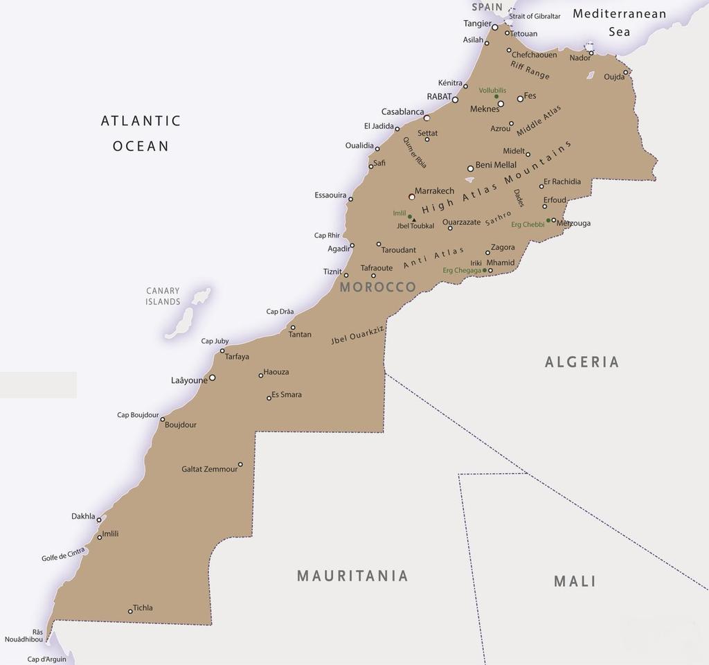 Kingdom of Morocco Location : Located in North Africa. It has a coast on the Atlantic Ocean and the Mediterranean Sea, borders with Algeria east and Mauritania south.