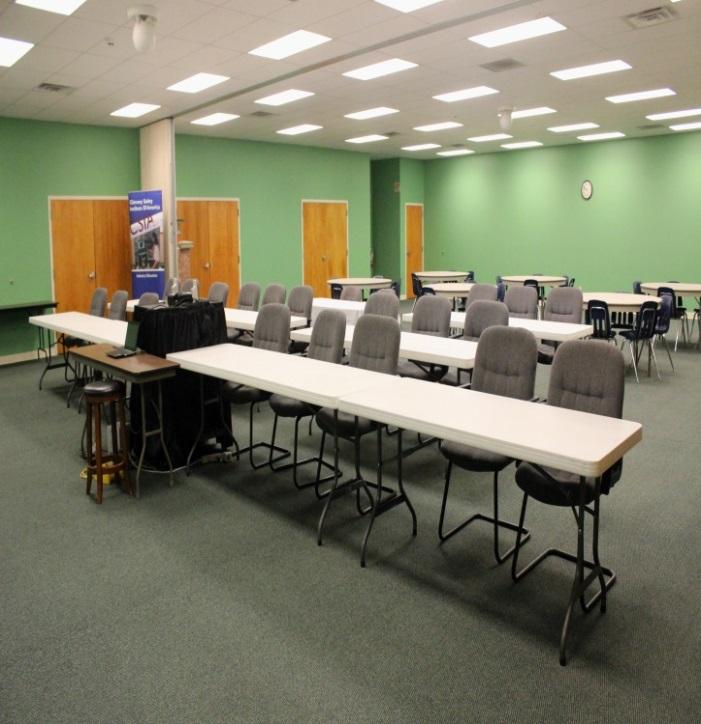 Classrooms A and B are carpeted and can accommodate a variety of room sets including classroom, theatre, and rounds.