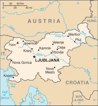 Slika 2: Slovenija. Vir: The World Factbook, 2007. 01. 05. 2004 se je pridružila EU, 01. 01. 2007 pa je vstopila v evro območje in s tem sprejela skupno valuto evro.