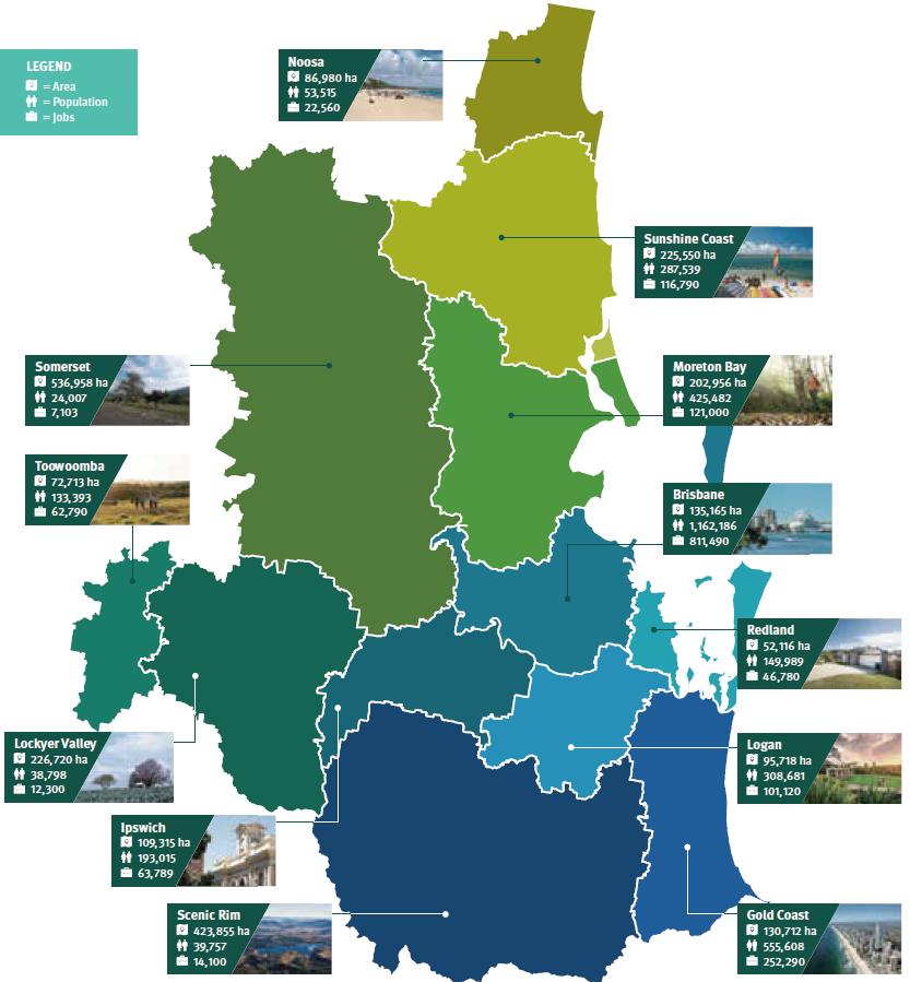 Covering 22,900 km², SEQ s 12 local government areas provide various lifestyle options, diverse economies and healthy natural environments.