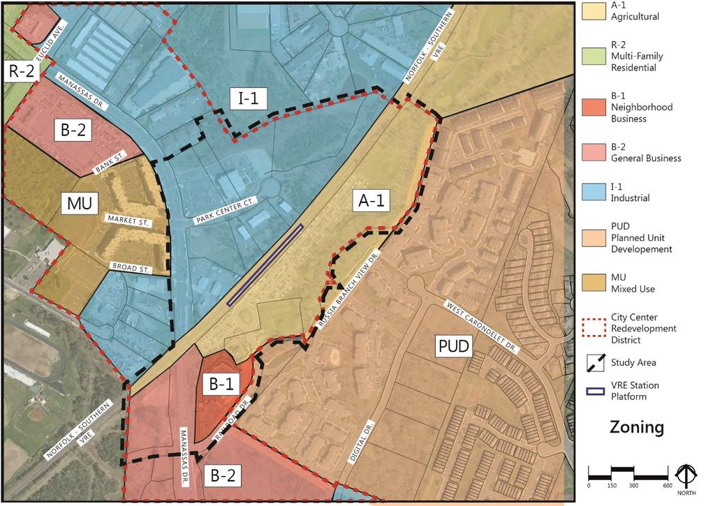 Figure 3 Existing Zoning in and near the Study Area In addition to planned and potential development associated with City of Manassas Park redevelopment districts, substantial additional development