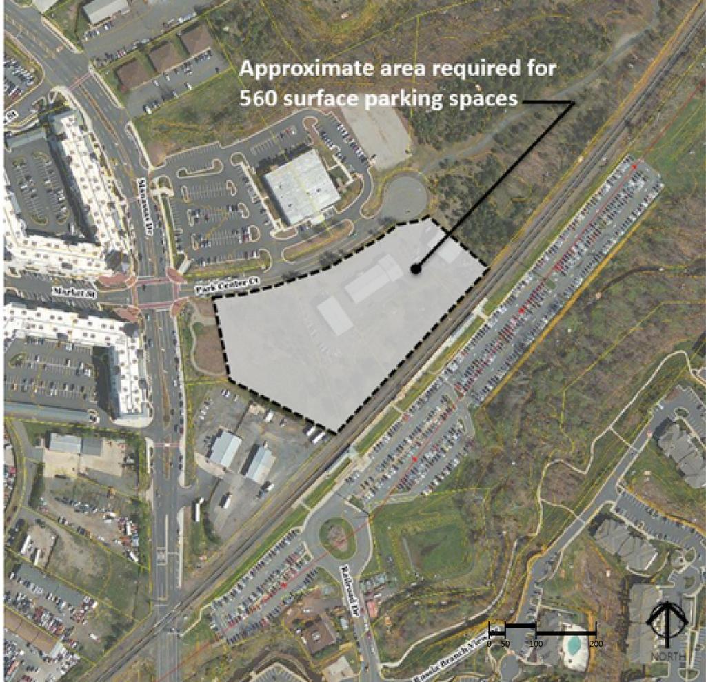 Figure 12 Estimated Surface Parking Area Required for 560 spaces It was determined that construction of a new surface lot on any of the other candidate sites was infeasible, due to lack of