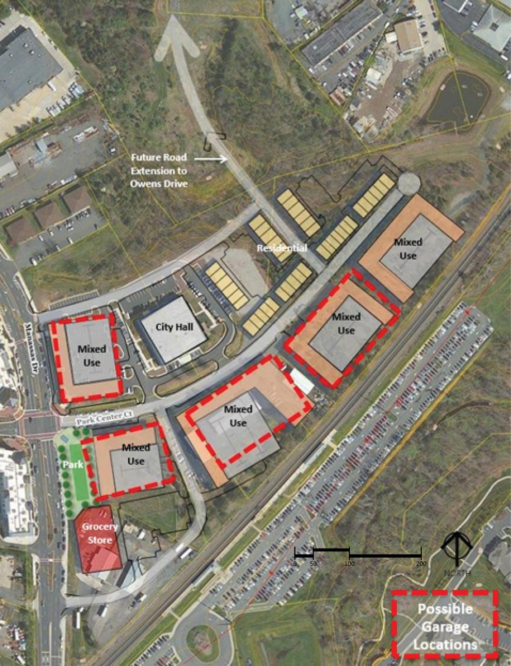 VRE Parking Expansion within the City Center Context To help understand how a parking garage might work as part of the larger City Center development, an overall concept was developed showing each