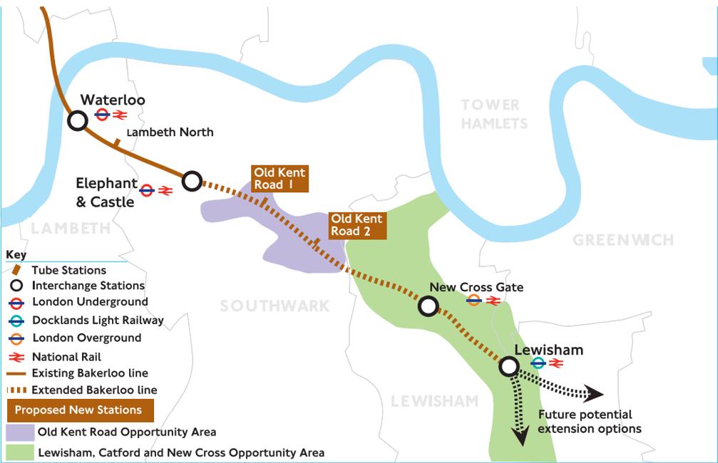 MAJOR SCHEMES Services into Central London NOW PROPOSED Morning Peak Hour TPH Total Capacity TPH Total Capacity Route of the proposed Bakerloo line extension From Lewisham 0 0 27 22,870 Bakerloo Line