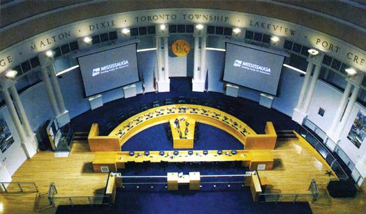 Mississauga Council Chambers Location: Mississauga, Ontario Project Owner: City of Mississauga Date Completed: 2007 Project Cost: $500,000 AV Multimedia Consultants: Novita Image credit: Novita In